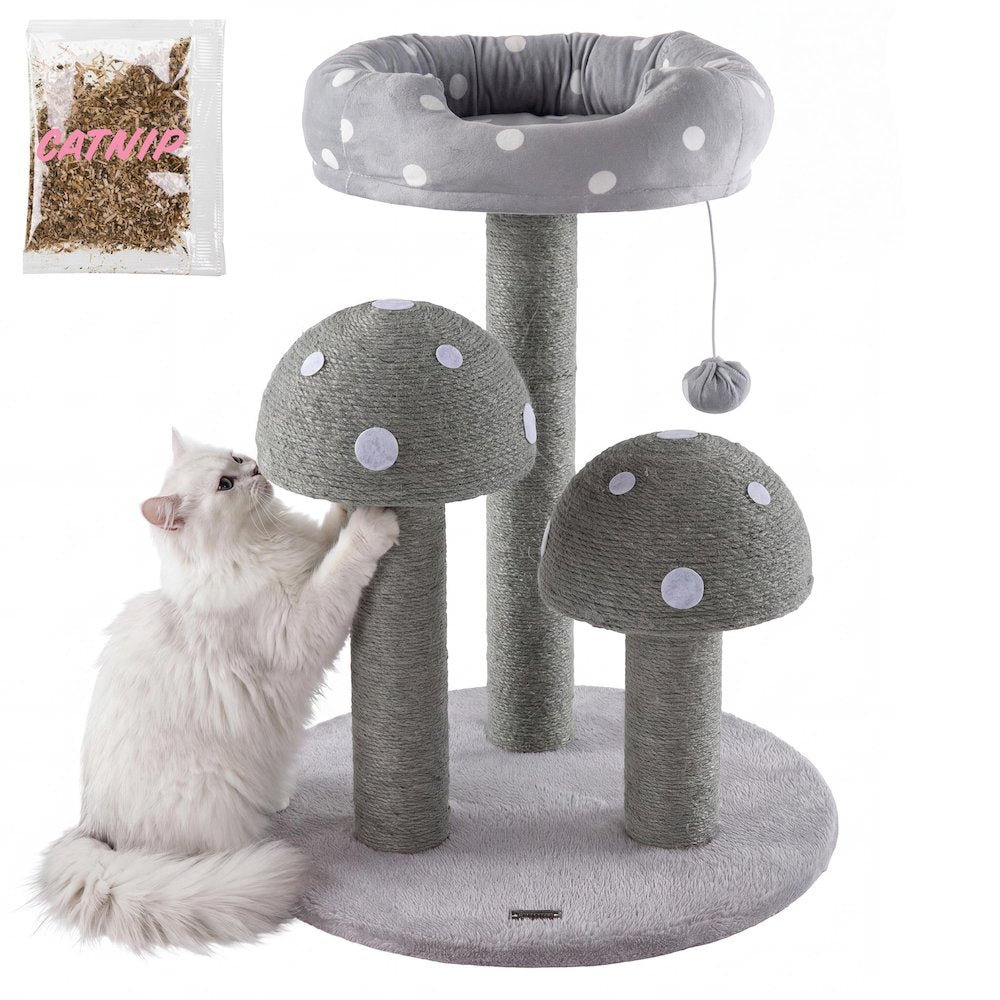 Pixie 3-Tier Sisal Mushroom Cat Tree, Posts, Perch & Bell Toy, Grey/White