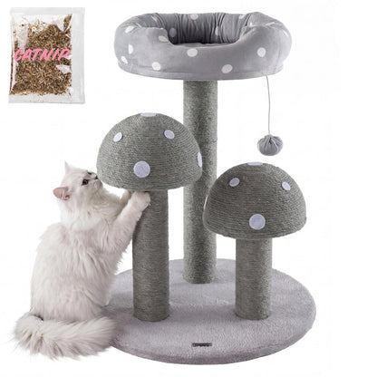 Pixie 3-Tier Sisal Mushroom Cat Tree, Posts, Perch & Bell Toy, Grey/White