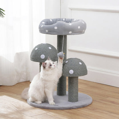 Pixie 3-Tier Sisal Mushroom Cat Tree, Posts, Perch & Bell Toy, Grey/White