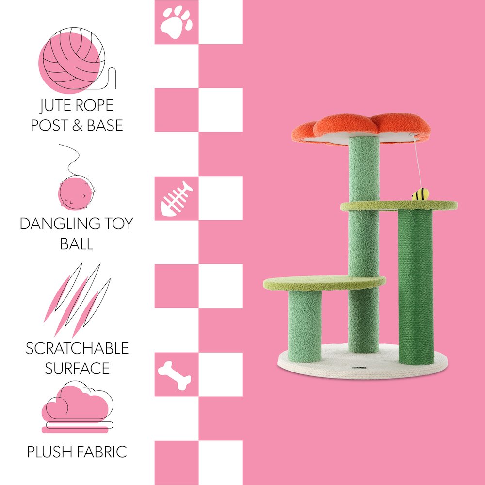 Poppy 3-Tier Modern Jute Flower Cat Tree With Dangling Toy