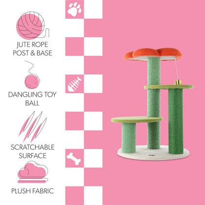 Poppy 3-Tier Modern Jute Flower Cat Tree With Dangling Toy
