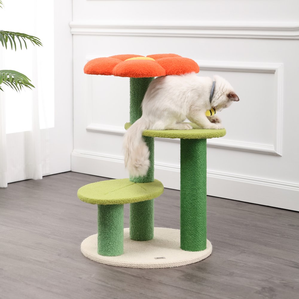 Poppy 3-Tier Modern Jute Flower Cat Tree With Dangling Toy
