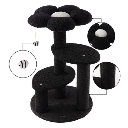 Poppy 3-Tier Modern Jute Flower Cat Tree with Dangling Toy, Black/White