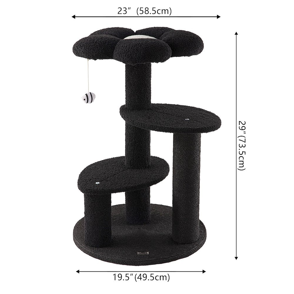 Poppy 3-Tier Modern Jute Flower Cat Tree with Dangling Toy, Black/White