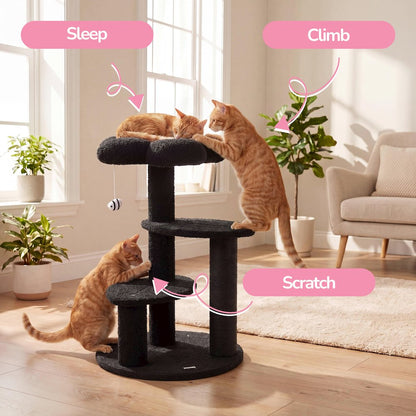 Poppy 3-Tier Modern Jute Flower Cat Tree with Dangling Toy, Black/White