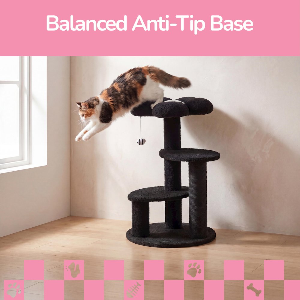 Poppy 3-Tier Modern Jute Flower Cat Tree with Dangling Toy, Black/White
