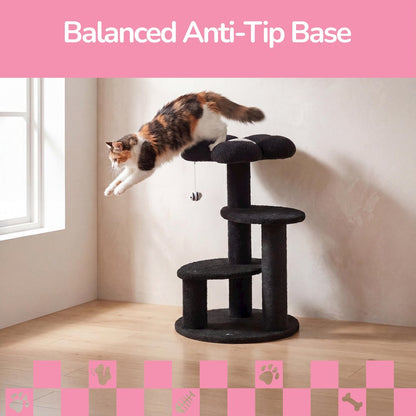 Poppy 3-Tier Modern Jute Flower Cat Tree with Dangling Toy, Black/White