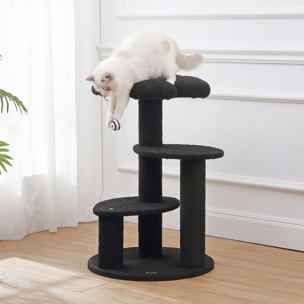 Poppy 3-Tier Modern Jute Flower Cat Tree with Dangling Toy, Black/White