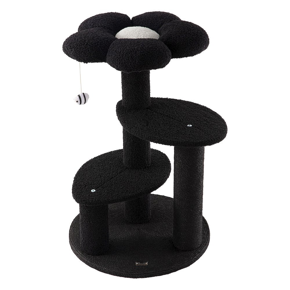 Poppy 3-Tier Modern Jute Flower Cat Tree with Dangling Toy, Black/White