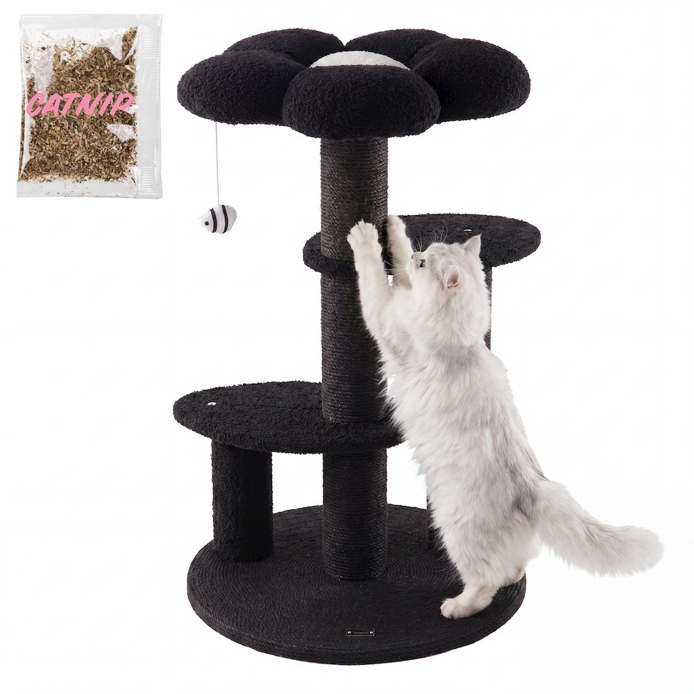 Poppy 3-Tier Modern Jute Flower Cat Tree with Dangling Toy, Black/White