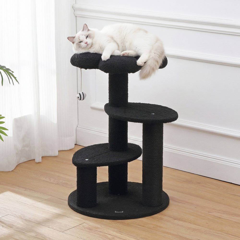 Poppy 3-Tier Modern Jute Flower Cat Tree with Dangling Toy, Black/White
