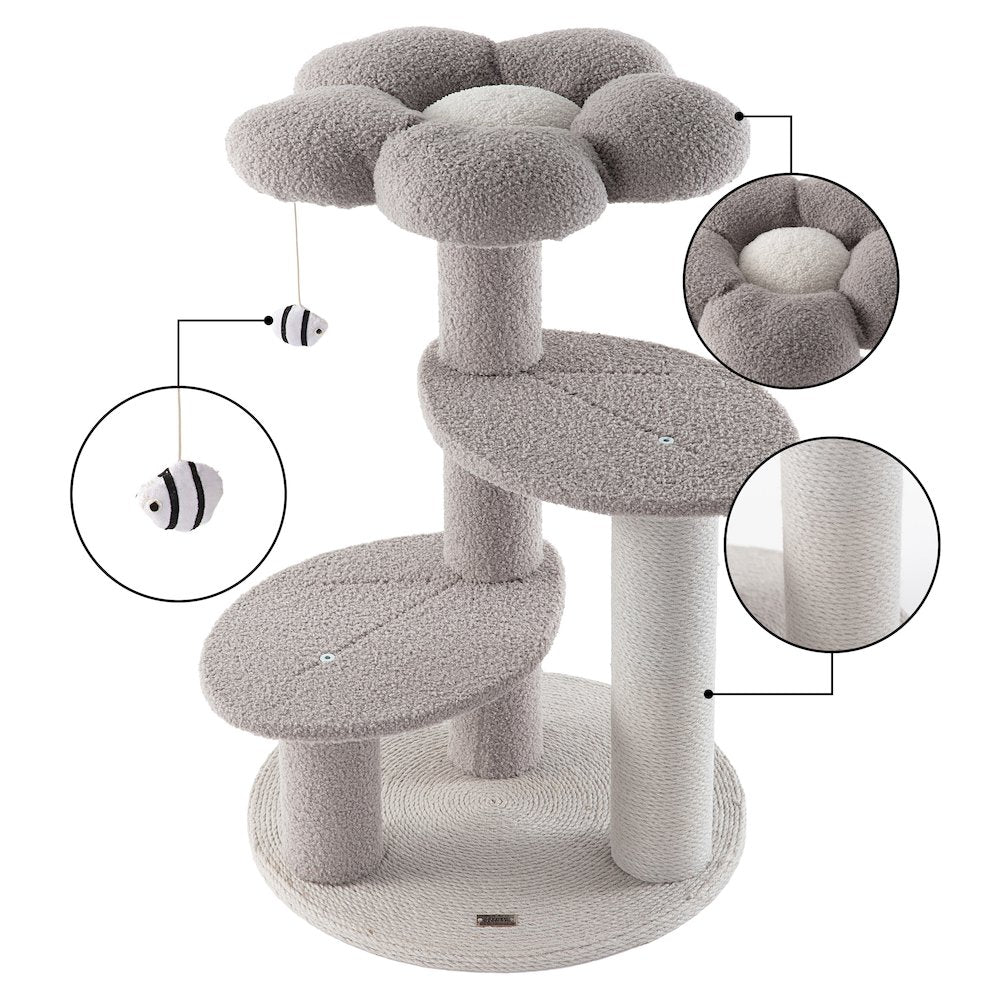 Poppy 3-Tier Modern Jute Flower Cat Tree with Dangling Toy, Grey/White