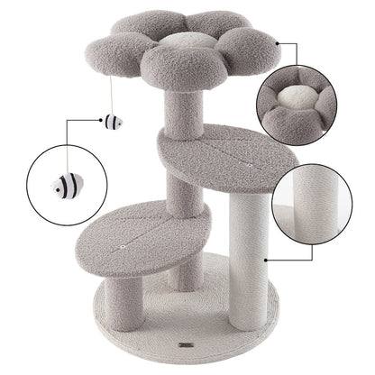 Poppy 3-Tier Modern Jute Flower Cat Tree with Dangling Toy, Grey/White