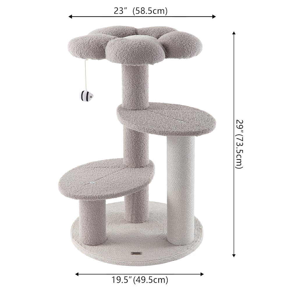 Poppy 3-Tier Modern Jute Flower Cat Tree with Dangling Toy, Grey/White