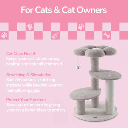Poppy 3-Tier Modern Jute Flower Cat Tree with Dangling Toy, Grey/White
