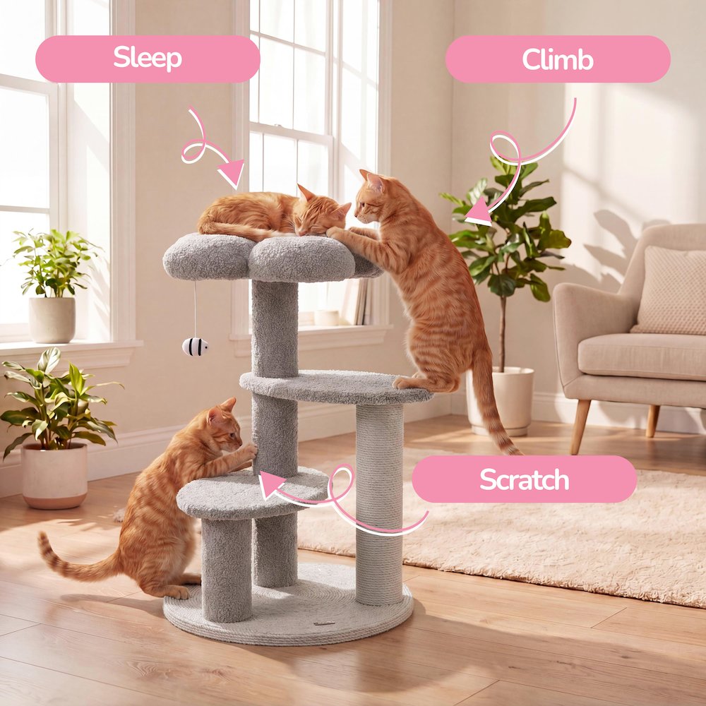 Poppy 3-Tier Modern Jute Flower Cat Tree with Dangling Toy, Grey/White