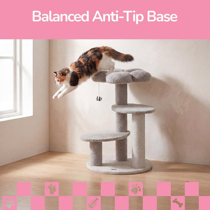 Poppy 3-Tier Modern Jute Flower Cat Tree with Dangling Toy, Grey/White