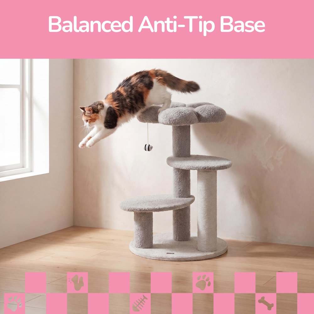 Poppy 3-Tier Modern Jute Flower Cat Tree with Dangling Toy, Grey/White