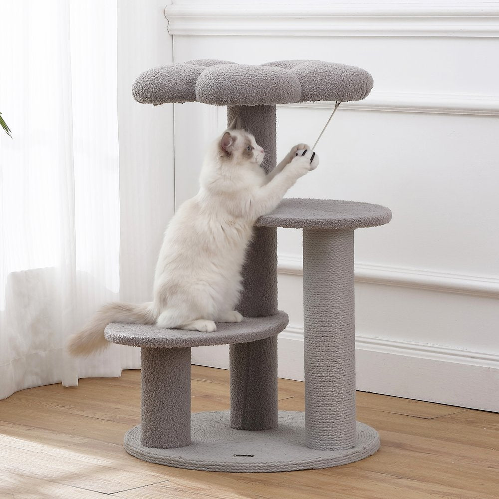 Poppy 3-Tier Modern Jute Flower Cat Tree with Dangling Toy, Grey/White