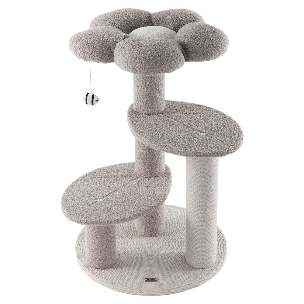Poppy 3-Tier Modern Jute Flower Cat Tree with Dangling Toy, Grey/White