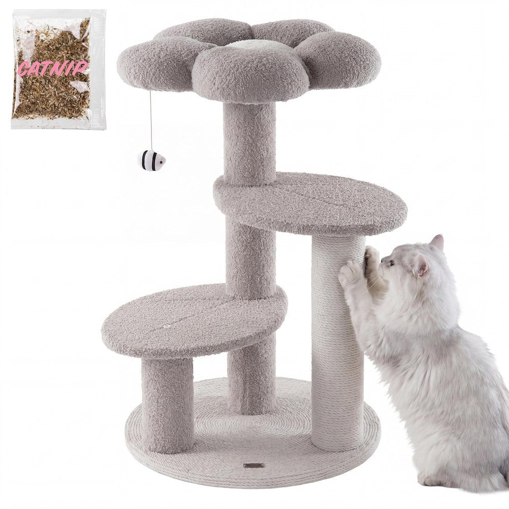 Poppy 3-Tier Modern Jute Flower Cat Tree with Dangling Toy, Grey/White