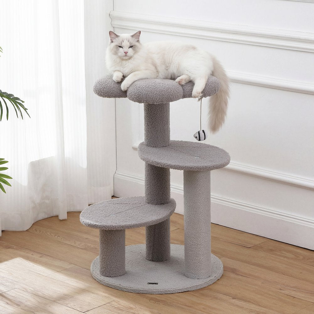 Poppy 3-Tier Modern Jute Flower Cat Tree with Dangling Toy, Grey/White