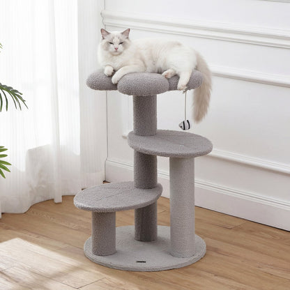 Poppy 3-Tier Modern Jute Flower Cat Tree with Dangling Toy, Grey/White