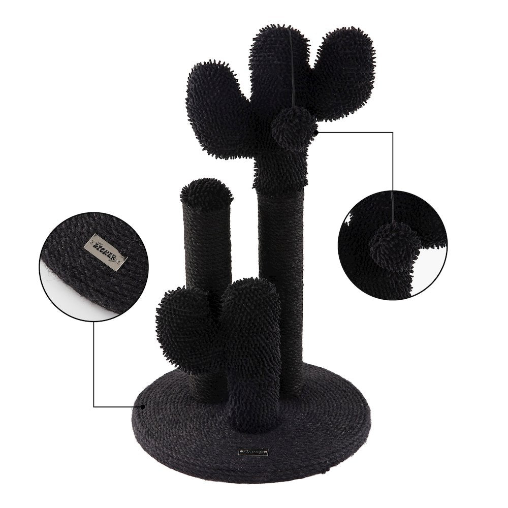 Marfa Modern Jute Triple-Cactus Cat Scratching Post with Fuzzy Toy, Black