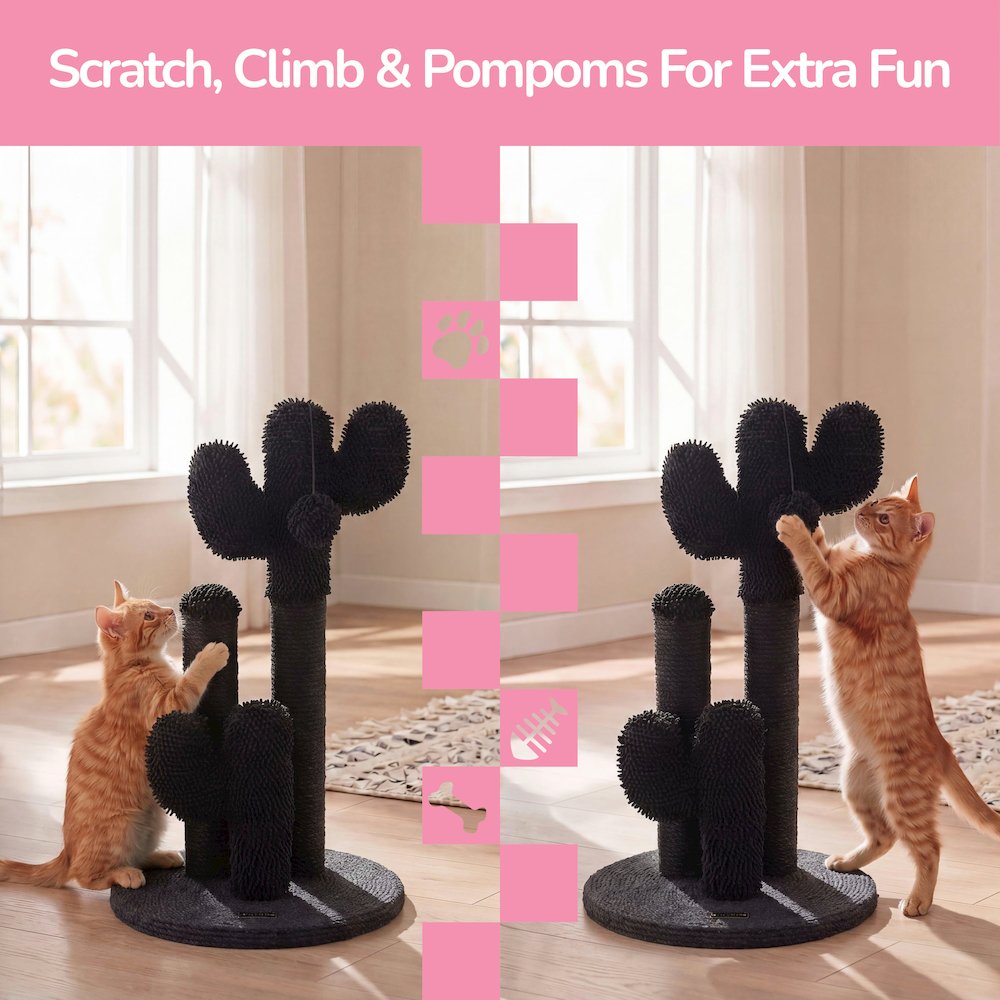 Marfa Modern Jute Triple-Cactus Cat Scratching Post with Fuzzy Toy, Black