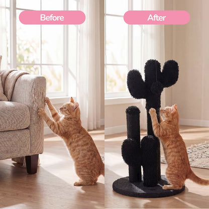 Marfa Modern Jute Triple-Cactus Cat Scratching Post with Fuzzy Toy, Black