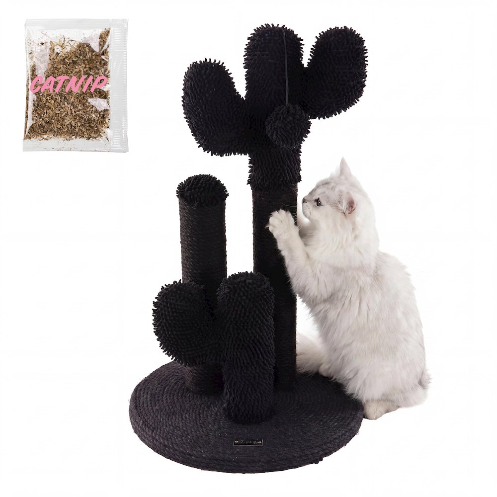Marfa Modern Jute Triple-Cactus Cat Scratching Post with Fuzzy Toy, Black