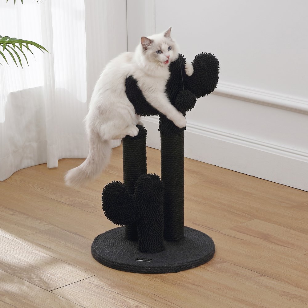 Marfa Modern Jute Triple-Cactus Cat Scratching Post with Fuzzy Toy, Black