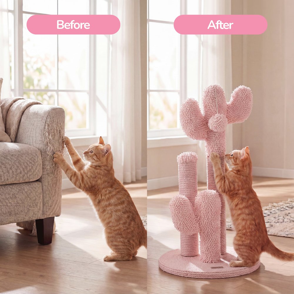 Marfa Modern Jute Triple-Cactus Cat Scratching Post with Fuzzy Toy, Pink