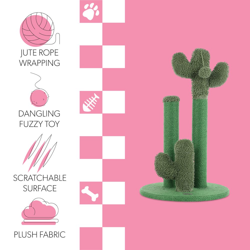 Marfa Modern Jute Triple-Cactus Cat Scratching Post With Fuzzy Toy