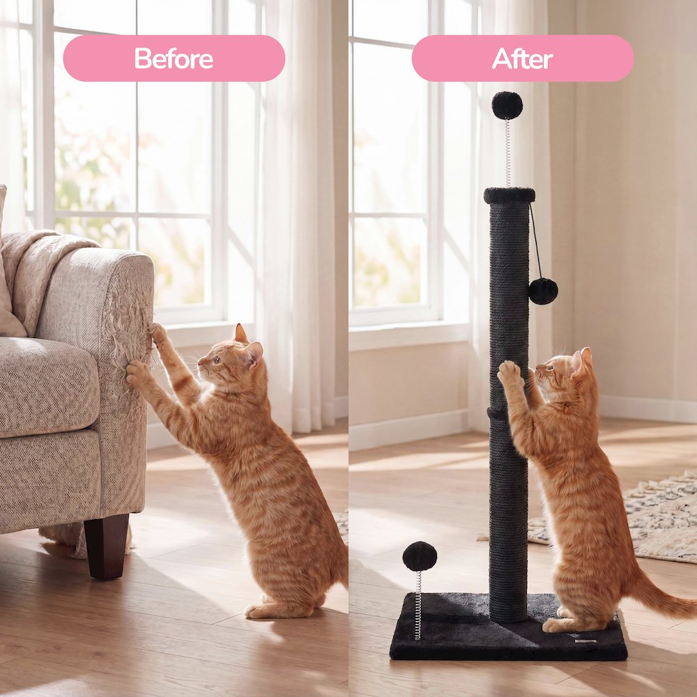 Rylie Farmhouse Sisal Pillar Scratching Post with Toys & Spring Balls, Black
