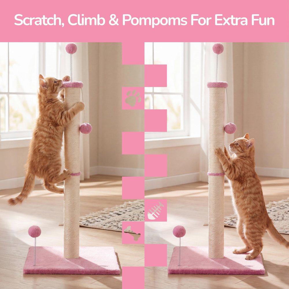 Rylie Farmhouse Sisal Pillar Scratching Post with Toys & Balls, Pink/Cream