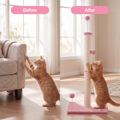 Rylie Farmhouse Sisal Pillar Scratching Post with Toys & Balls, Pink/Cream