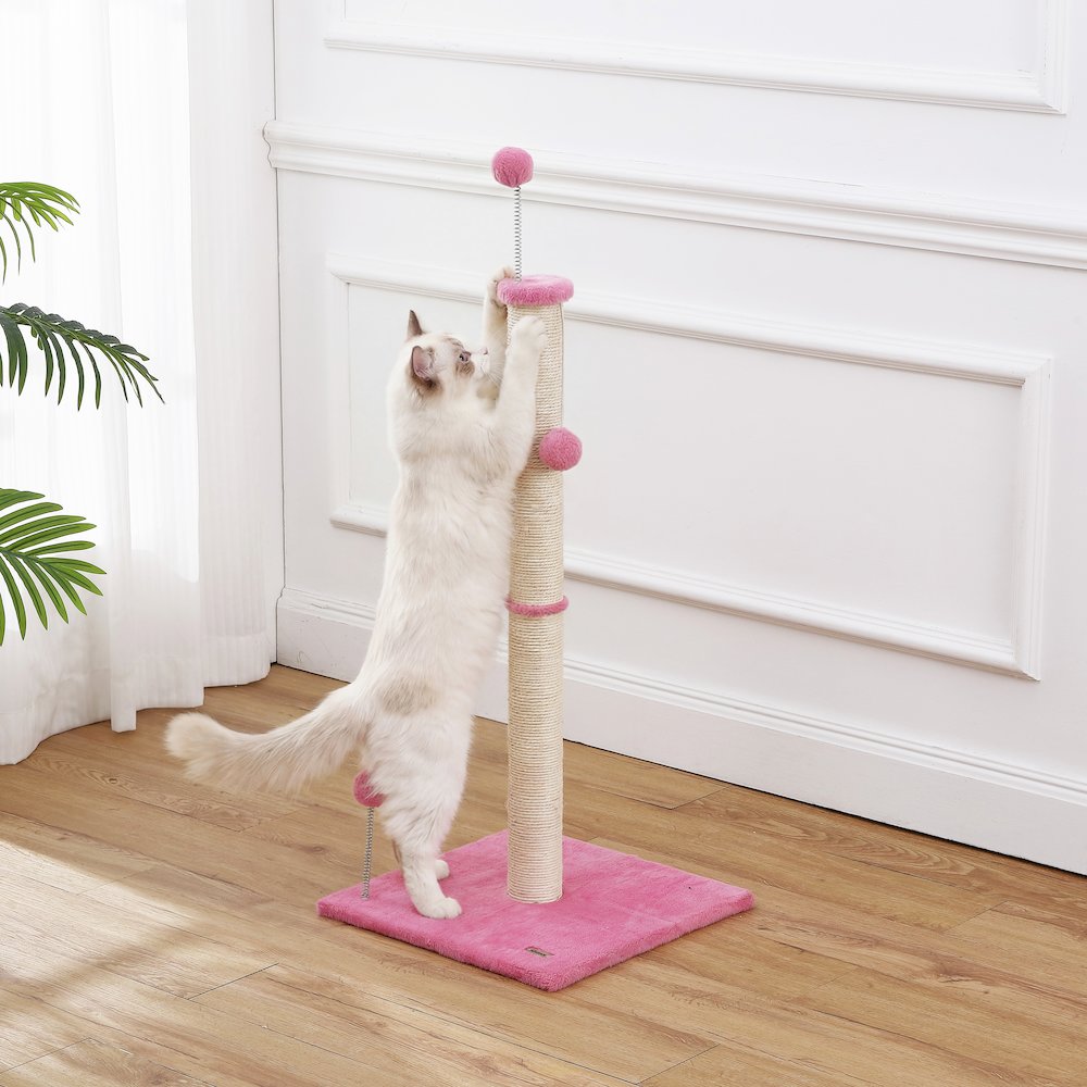 Rylie Farmhouse Sisal Pillar Scratching Post with Toys & Balls, Pink/Cream