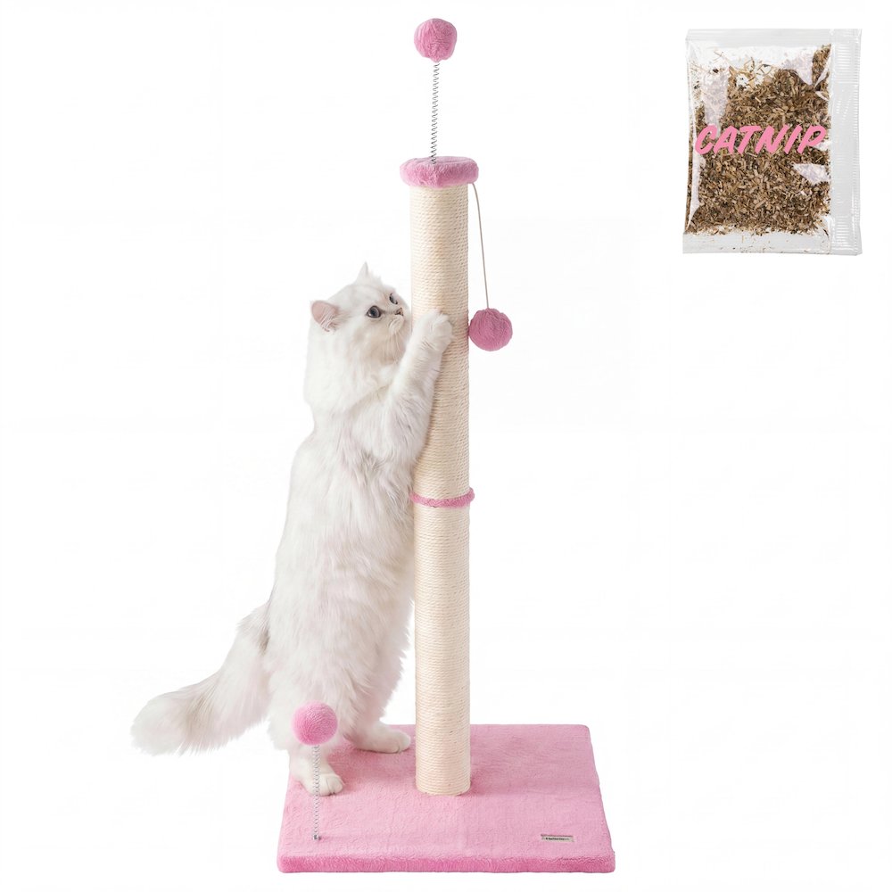 Rylie Farmhouse Sisal Pillar Scratching Post with Toys & Balls, Pink/Cream