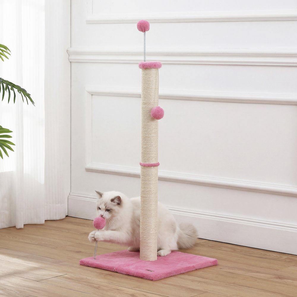 Rylie Farmhouse Sisal Pillar Scratching Post with Toys & Balls, Pink/Cream