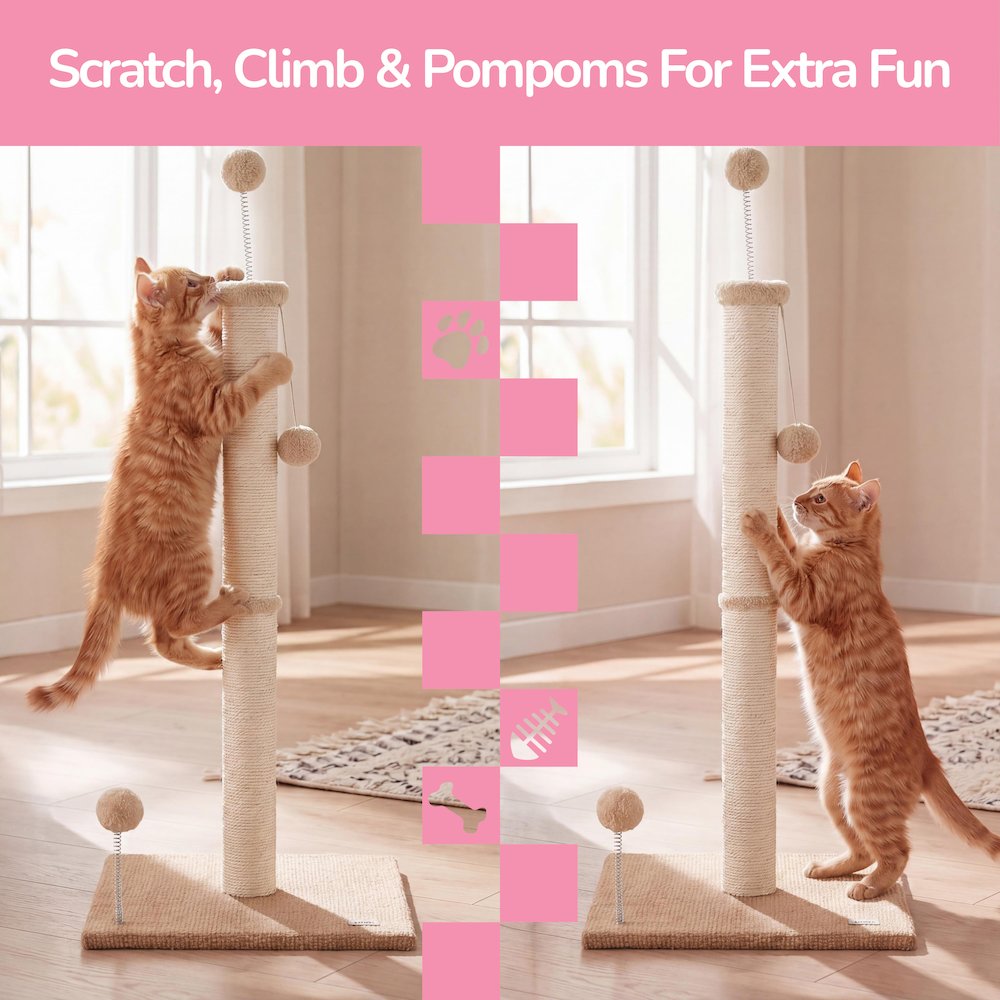 Rylie Farmhouse Sisal Pillar Scratching Post with Toys & Balls, Brown/Cream