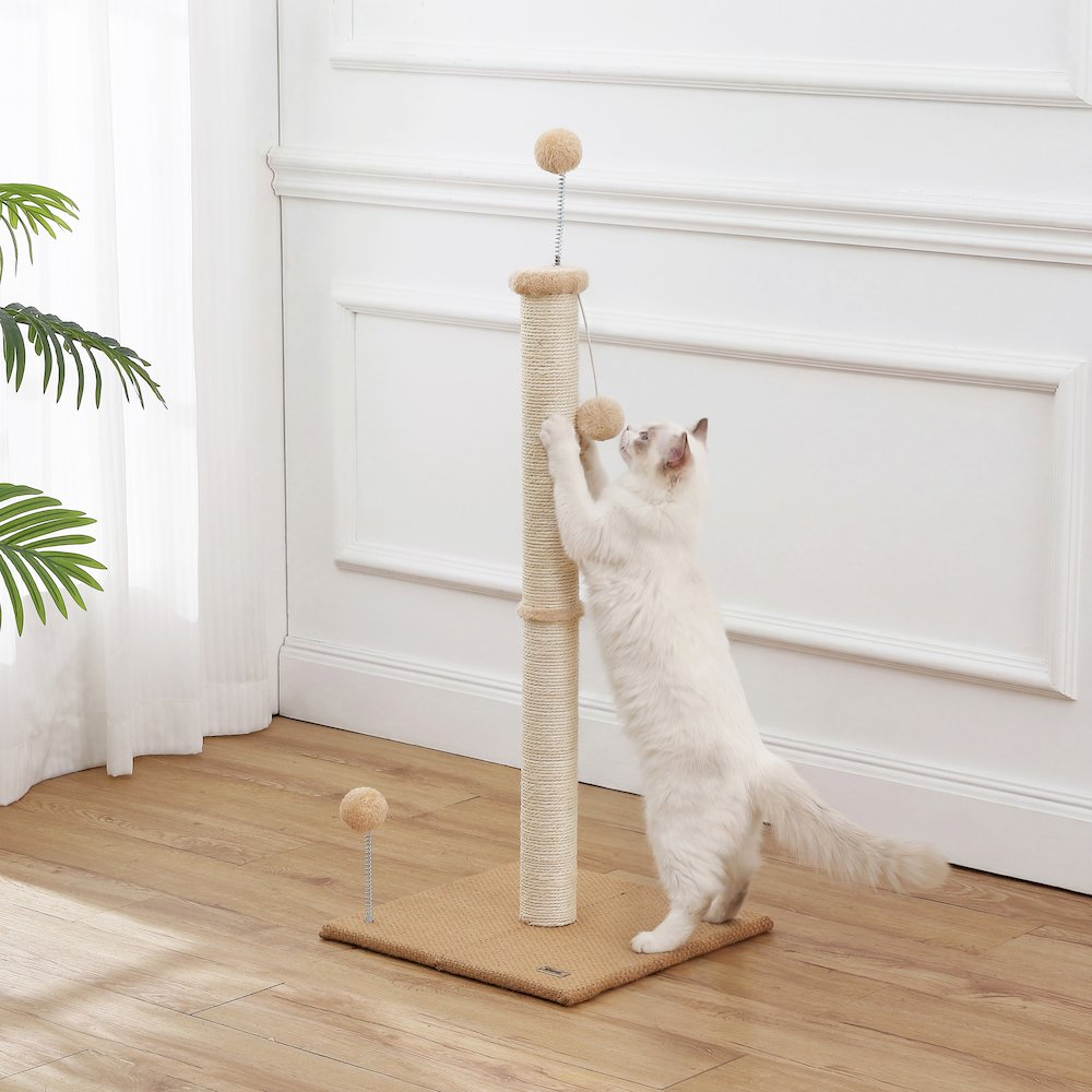 Rylie Farmhouse Sisal Pillar Scratching Post with Toys & Balls, Brown/Cream