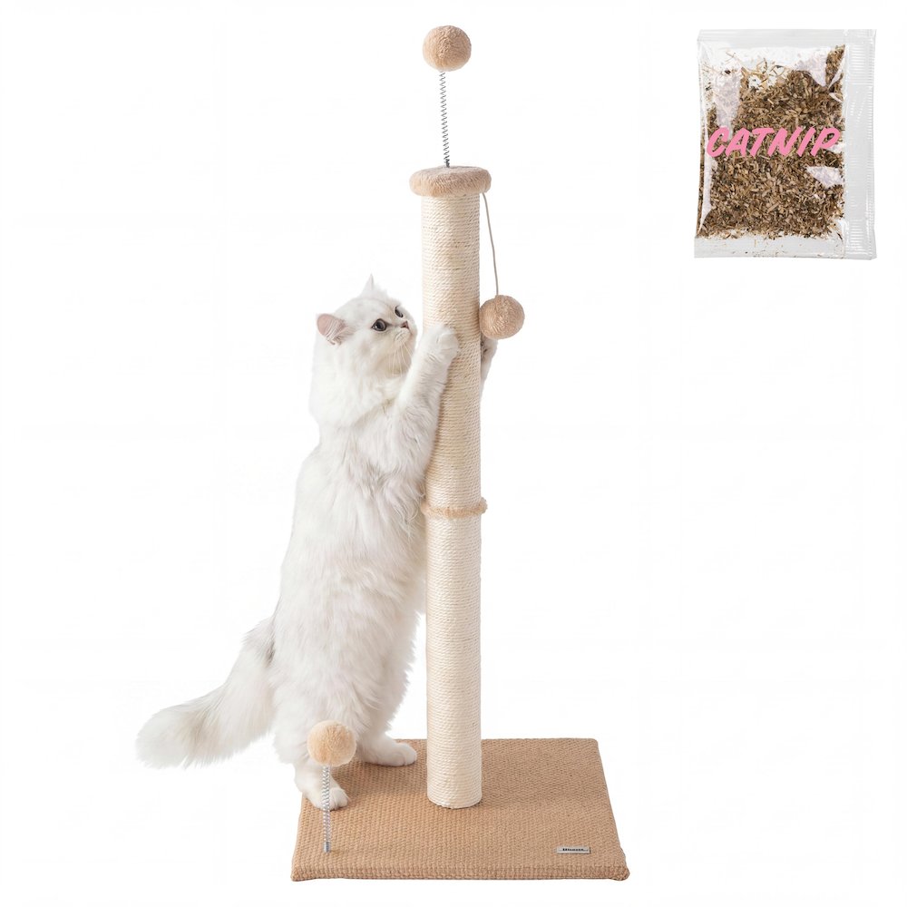 Rylie Farmhouse Sisal Pillar Scratching Post with Toys & Balls, Brown/Cream