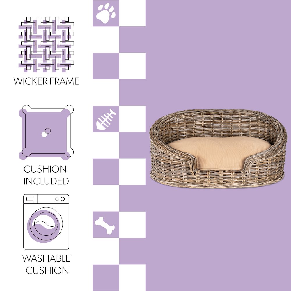 Curvy Classic Handwoven Rattan Dog Bed With Machine-Washable Cushion