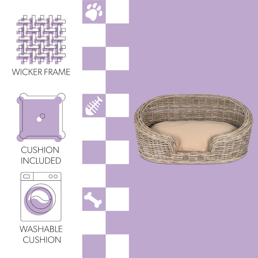 Curvy Classic Handwoven Rattan Dog Bed With Machine-Washable Cushion
