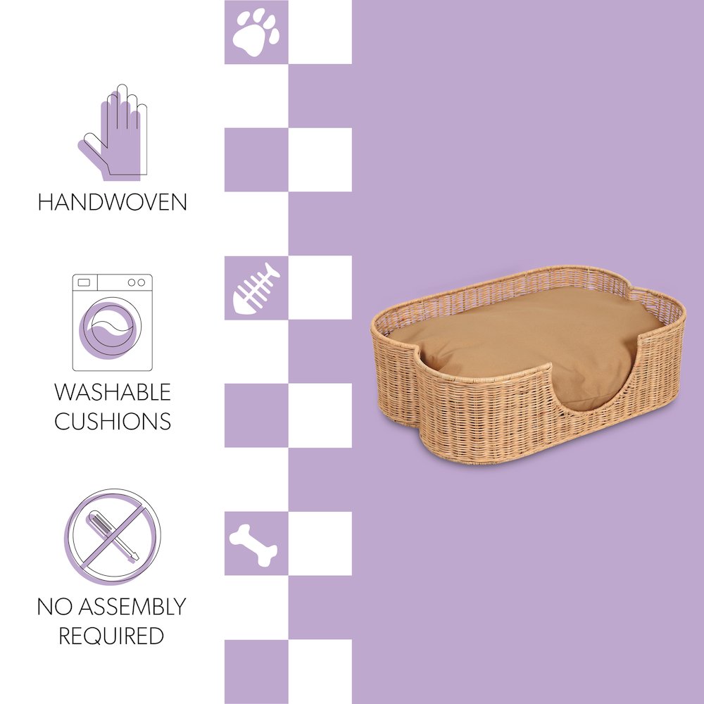 Scallop Tropical Water Hyacinth Pet Bed with Washable Cushion, Light Brown