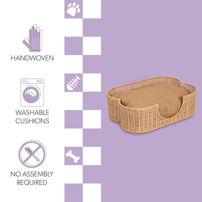 Scallop Tropical Water Hyacinth Pet Bed with Washable Cushion, Light Brown