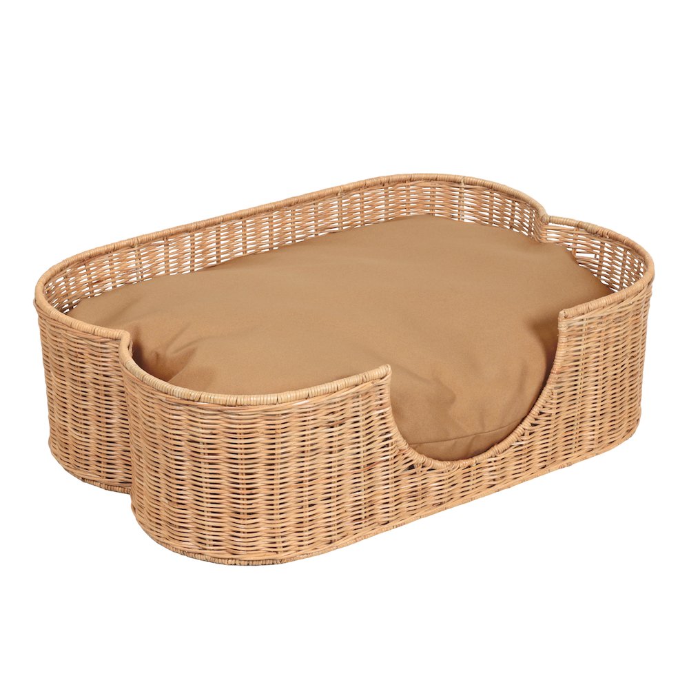 Scallop Tropical Water Hyacinth Pet Bed with Washable Cushion, Light Brown