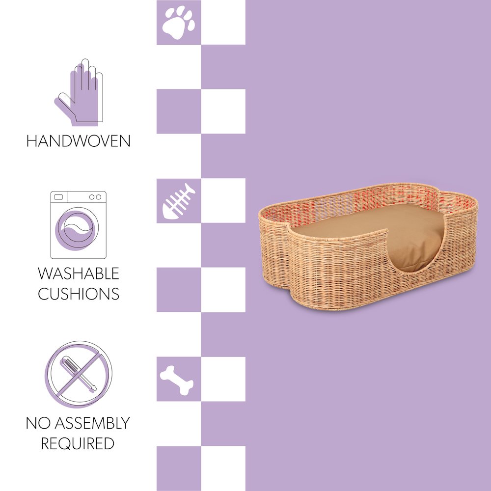Scallop Tropical Water Hyacinth Pet Bed with Washable Cushion, Light Brown