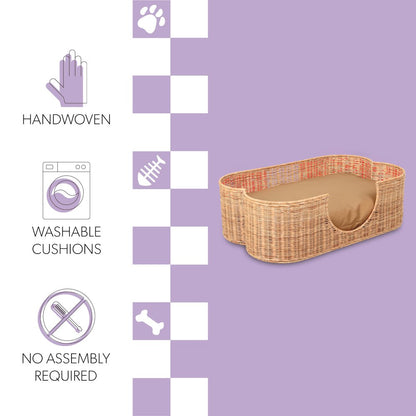 Scallop Tropical Water Hyacinth Pet Bed with Washable Cushion, Light Brown